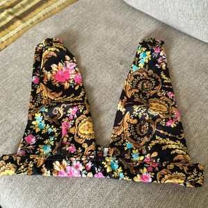 Asos bikini top, size US 6 gold with pink and blue flowers on black NWOT
